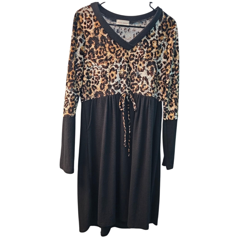 Raw Edge Leopard Print & Black Knit Empire Waist Dress - Size Large - Made in US
